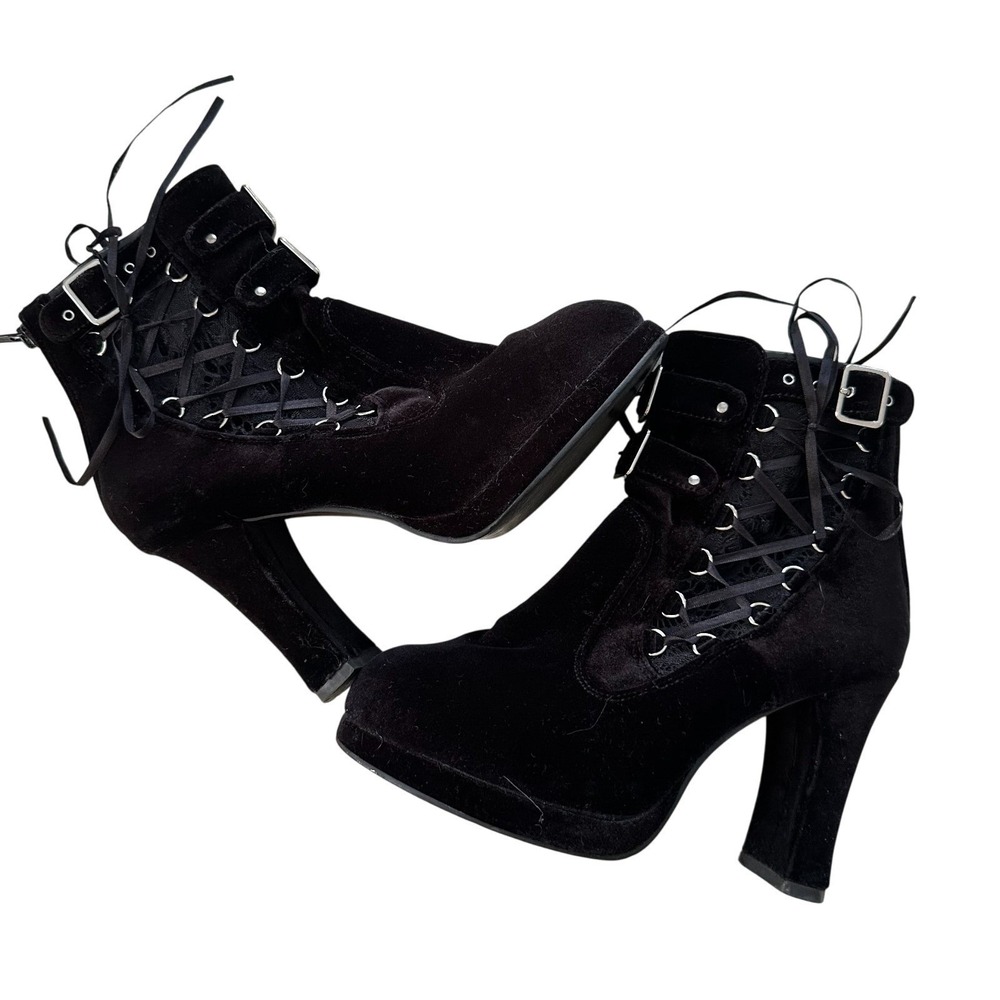 Demonia Crypto Black Ankle Boots Womens 10 Black Velvet Lace‎ Goth Witchy Wicked